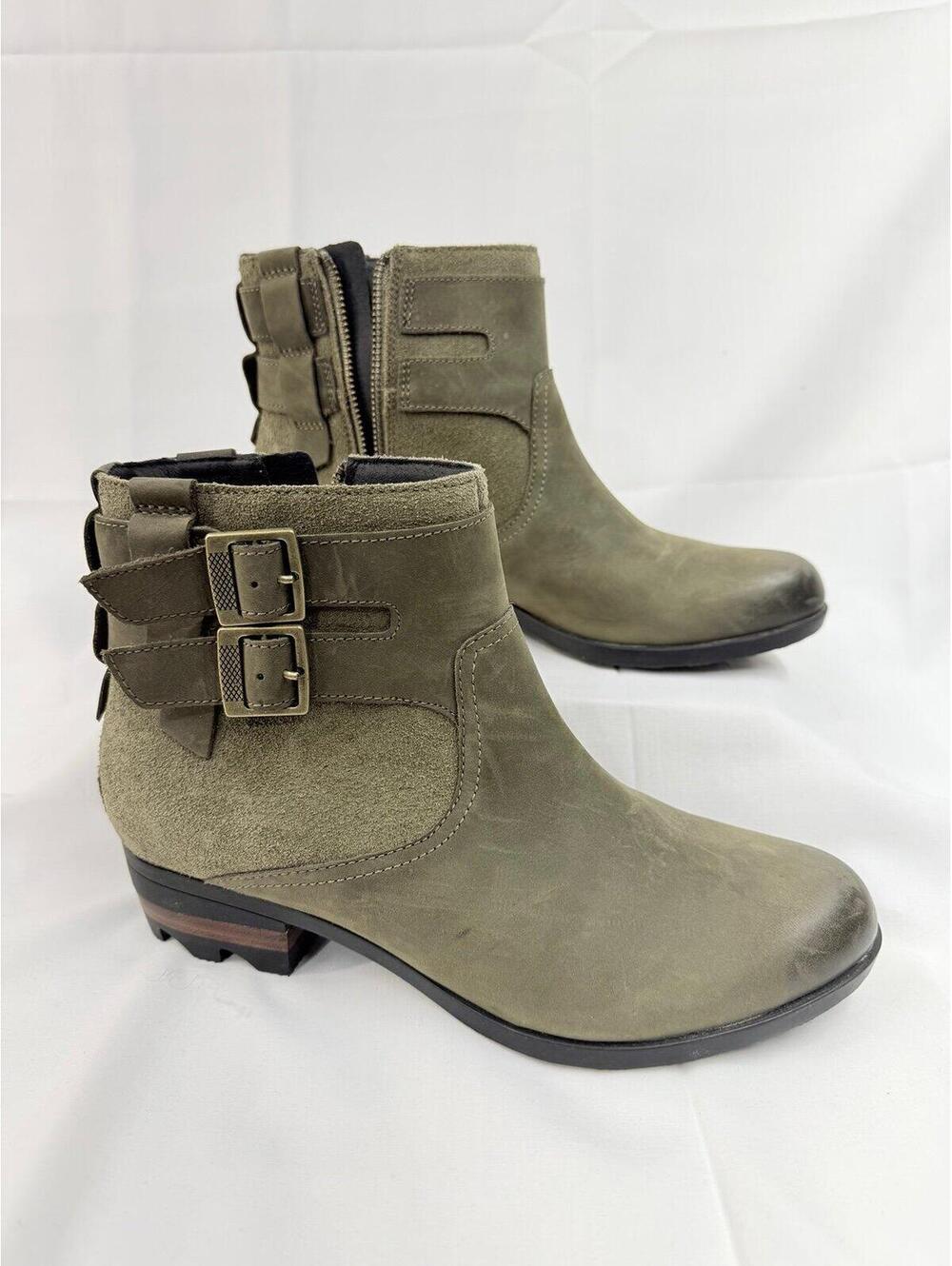 SOREL Lolla Boots Womens 8.5Buckle Side Zip Ankle Bootie NL3080-245 GreenLeather